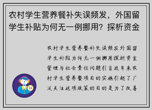 农村学生营养餐补失误频发，外国留学生补贴为何无一例挪用？探析资金管理与社会责任问题