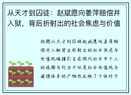 从天才到囚徒：赵斌愿向姜萍赔偿并入狱，背后折射出的社会焦虑与价值观碰撞