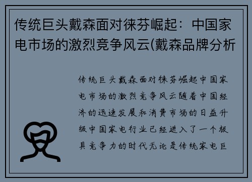 传统巨头戴森面对徕芬崛起：中国家电市场的激烈竞争风云(戴森品牌分析)