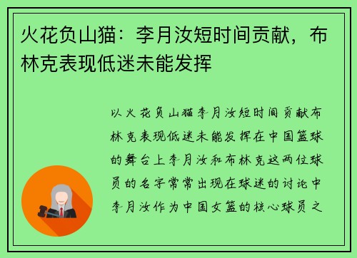 火花负山猫：李月汝短时间贡献，布林克表现低迷未能发挥
